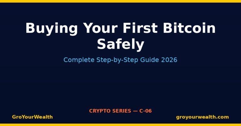Perfect! Here's the ALT TEXT for your featured image: Buying Your First Bitcoin Safely — Complete Step-by-Step Guide for Beginners with Platform Comparison and Security Tips for USA, UK, Canada, Australia, and India 2026