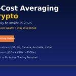 Dollar-Cost Averaging Into Crypto: 2026 Guide (5 Countries) Dollar-cost averaging crypto strategy guide showing DCA investment approach for 2026 with monthly investment amounts across five countries USA UK Canada Australia India with gold accents and navy gradient design GroYourWealth branding
