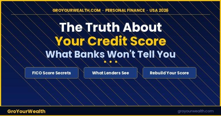 Infographic showing the truth about FICO credit scores — what banks won't tell you — featuring score factors, credit utilisation tips, and rebuild strategies for USA 2026, by GroYourWealth