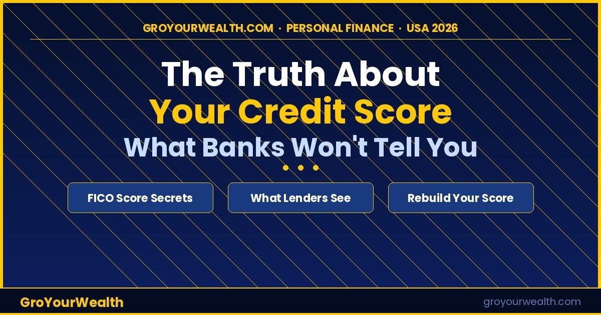 Infographic showing the truth about FICO credit scores — what banks won't tell you — featuring score factors, credit utilisation tips, and rebuild strategies for USA 2026, by GroYourWealth