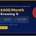 Dark navy infographic showing the text "Losing $400/Month Without Knowing It" in bold gold and white lettering, with three stat boxes highlighting average monthly leakage, five countries covered (USA, UK, Canada, Australia, India), and a free step-by-step guide, with GroYourWealth branding and a red warning icon