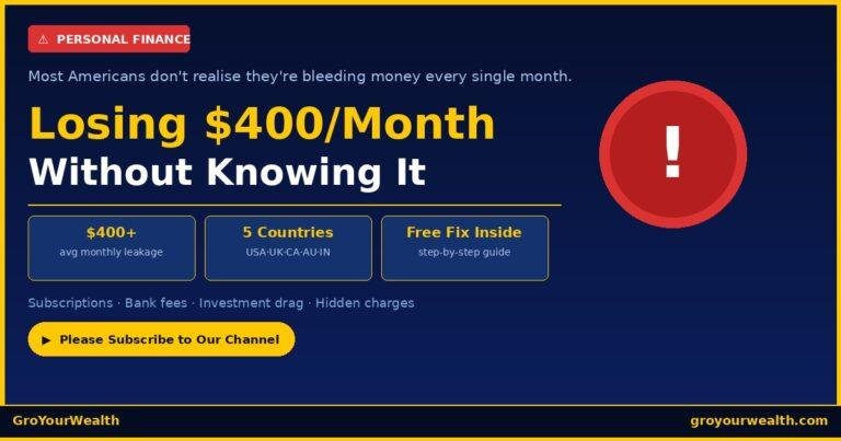 Dark navy infographic showing the text "Losing $400/Month Without Knowing It" in bold gold and white lettering, with three stat boxes highlighting average monthly leakage, five countries covered (USA, UK, Canada, Australia, India), and a free step-by-step guide, with GroYourWealth branding and a red warning icon