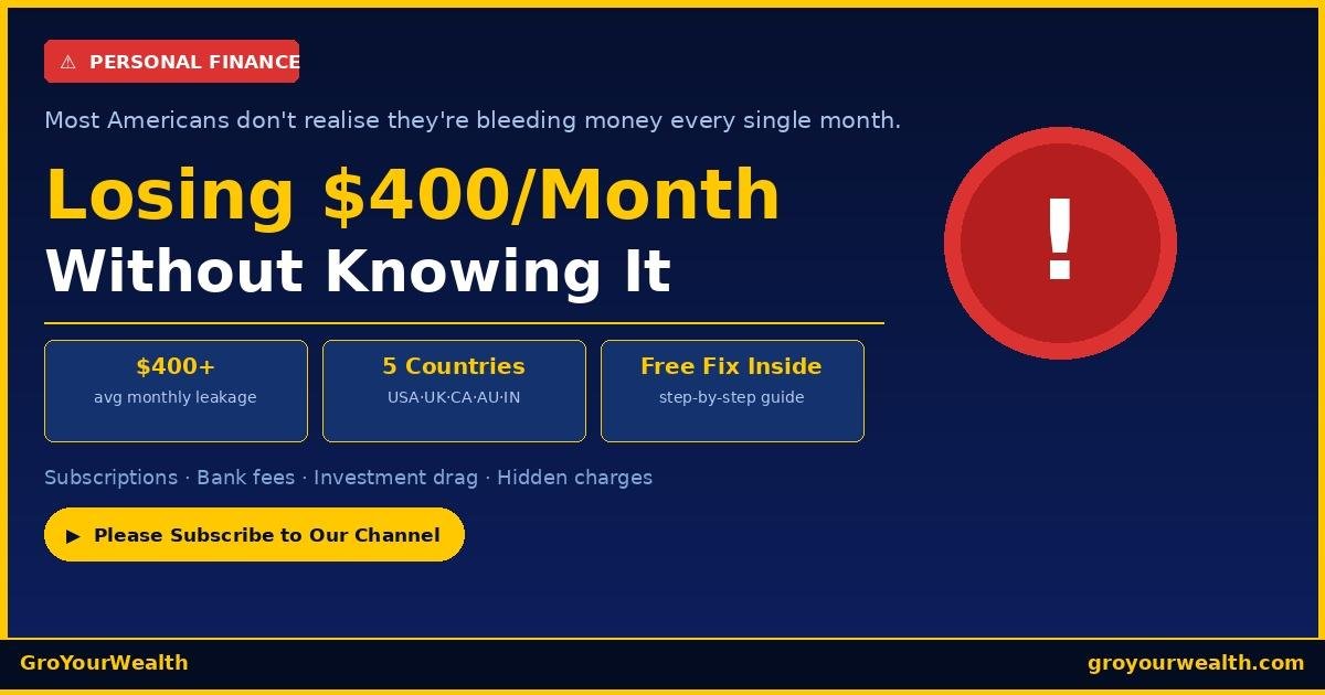 Dark navy infographic showing the text "Losing $400/Month Without Knowing It" in bold gold and white lettering, with three stat boxes highlighting average monthly leakage, five countries covered (USA, UK, Canada, Australia, India), and a free step-by-step guide, with GroYourWealth branding and a red warning icon