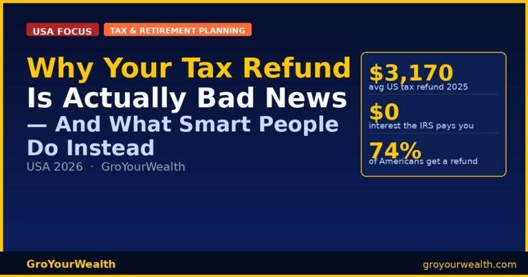 Dark navy infographic titled Why Your Tax Refund Is Actually Bad News showing average US refund of $3,170 with USA Focus badge and GroYourWealth branding at groyourwealth.com