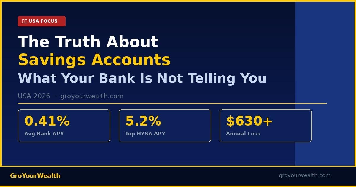 Infographic showing the truth about savings accounts in the USA 2026 — comparing 0.41% average bank APY versus 5.2% high-yield savings account rate, with GroYourWealth branding on dark navy background