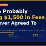 ark navy infographic with gold text reading "You're Probably Paying $1,500 in Fees You Never Agreed To" with USA FOCUS badge, key statistics on hidden bank and investment fees, and GroYourWealth branding on a dark gradient background