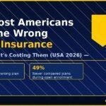 A dark navy financial infographic titled "Why Most Americans Have the Wrong Health Insurance — And What It's Costing Them (USA 2026)" with a USA FOCUS badge, gold accent borders, stat callouts showing $1,763 average annual overspend and 49% of Americans never compare plans, a shield health icon in gold, and GroYourWealth branding footer on groyourwealth.com