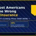 Why Most Americans Have the Wrong Health Insurance — And What It's Costing Them (USA 2026) A dark navy financial infographic titled "Why Most Americans Have the Wrong Health Insurance — And What It's Costing Them (USA 2026)" with a USA FOCUS badge, gold accent borders, stat callouts showing $1,763 average annual overspend and 49% of Americans never compare plans, a shield health icon in gold, and GroYourWealth branding footer on groyourwealth.com
