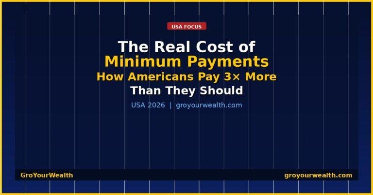 Infographic showing the real cost of minimum credit card payments — how Americans pay 3 times more than they should — GroYourWealth USA 2026