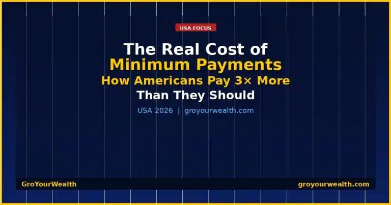 Infographic showing the real cost of minimum credit card payments — how Americans pay 3 times more than they should — GroYourWealth USA 2026
