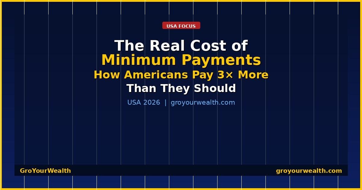 Infographic showing the real cost of minimum credit card payments — how Americans pay 3 times more than they should — GroYourWealth USA 2026