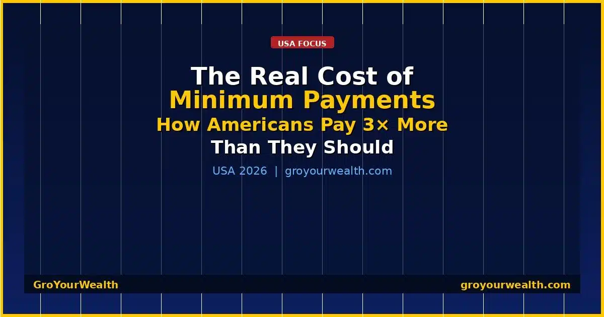 Infographic showing the real cost of minimum credit card payments — how Americans pay 3 times more than they should — GroYourWealth USA 2026
