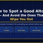 Illustrated guide showing how to spot a good altcoin and avoid high-risk crypto investments — NS-04 Bitcoin and Crypto Investing 2026 series by GroYourWealth — dark navy background with gold accents and altcoin evaluation framework