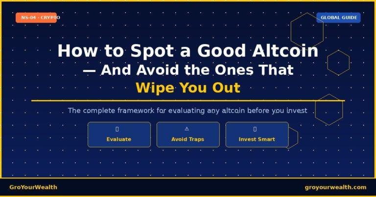 Illustrated guide showing how to spot a good altcoin and avoid high-risk crypto investments — NS-04 Bitcoin and Crypto Investing 2026 series by GroYourWealth — dark navy background with gold accents and altcoin evaluation framework