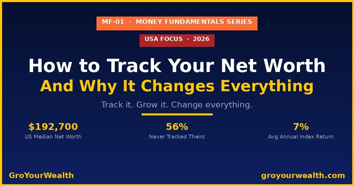 Infographic showing how to track your net worth in the USA in 2026 — with benchmarks by age, tools like Empower and Google Sheets, and the formula: assets minus liabilities equals net worth — from GroYourWealth.