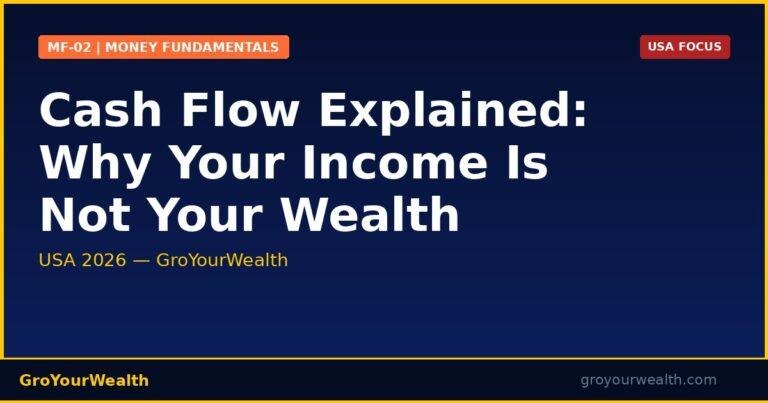 Cash Flow Explained: Why Your Income Is Not Your Wealth — USA 2026 | GroYourWealth Money Fundamentals Series MF-02 | Dark navy infographic with gold accents showing income vs wealth gap