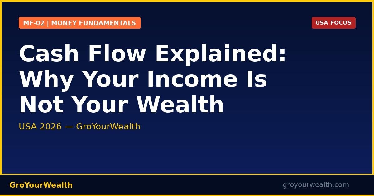 Cash Flow Explained: Why Your Income Is Not Your Wealth — USA 2026 | GroYourWealth Money Fundamentals Series MF-02 | Dark navy infographic with gold accents showing income vs wealth gap