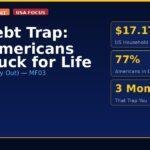 Dark navy infographic titled The Debt Trap: How Americans Get Stuck for Life with MF03 Debt and Credit badge, USA Focus badge, and three gold stat boxes showing $17.1T US household debt, 77% Americans in debt, and 3 moments that trap you — GroYourWealth branding at footer