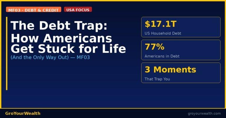 Dark navy infographic titled The Debt Trap: How Americans Get Stuck for Life with MF03 Debt and Credit badge, USA Focus badge, and three gold stat boxes showing $17.1T US household debt, 77% Americans in debt, and 3 moments that trap you — GroYourWealth branding at footer