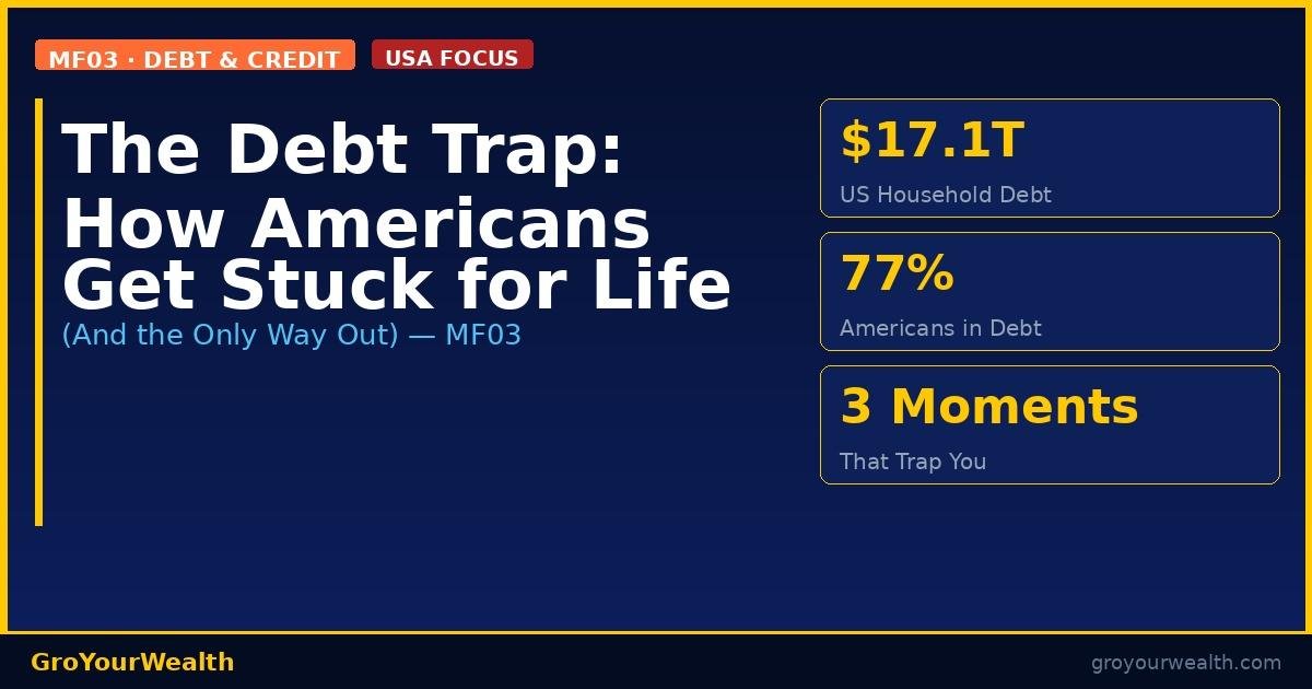 Dark navy infographic titled The Debt Trap: How Americans Get Stuck for Life with MF03 Debt and Credit badge, USA Focus badge, and three gold stat boxes showing $17.1T US household debt, 77% Americans in debt, and 3 moments that trap you — GroYourWealth branding at footer
