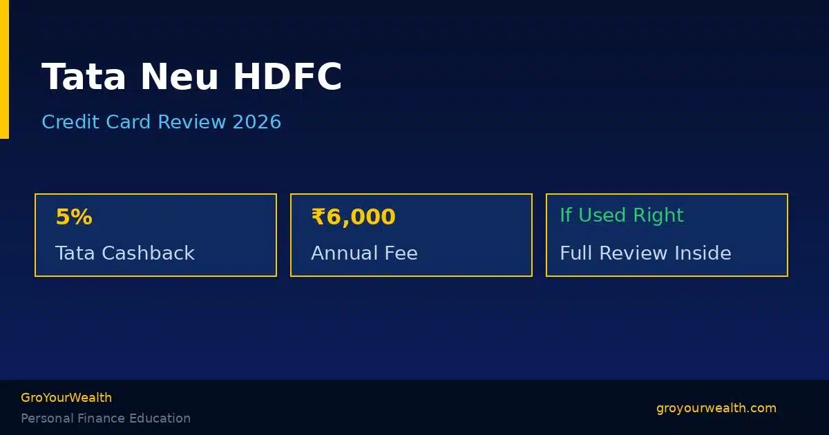 Tata Neu HDFC Credit Card with 5% cashback rewards offer, annual fee breakdown, and comparison chart for India credit card review 2026
