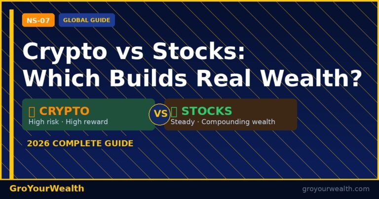 Crypto vs Stocks comparison guide 2026 — which asset class builds real wealth, global investment breakdown showing crypto and stock returns, risk, and portfolio strategy from GroYourWealth