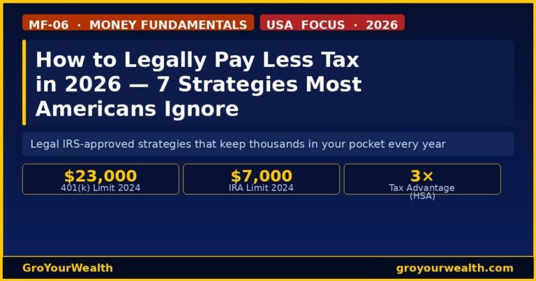 Dark navy infographic: "How to Legally Pay Less Tax in 2026 — 7 Strategies Most Americans Ignore (MF-06)" with USA FOCUS badge, gold accent bars, and GroYourWealth branding on groyourwealth.com