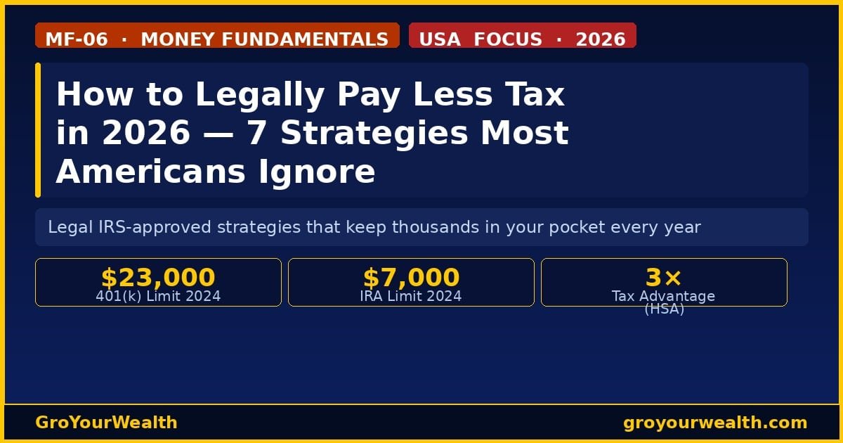 Dark navy infographic: "How to Legally Pay Less Tax in 2026 — 7 Strategies Most Americans Ignore (MF-06)" with USA FOCUS badge, gold accent bars, and GroYourWealth branding on groyourwealth.com