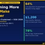 Dark navy infographic titled "Why Earning More Doesn't Make You Richer — Lifestyle Inflation Explained" with USA FOCUS and MF-04 Money Fundamentals badges, three gold stat cards showing 64% of Americans live paycheck to paycheck, $1,200 average monthly lifestyle cost increase, and 78% no savings improvement after raises, GroYourWealth branding