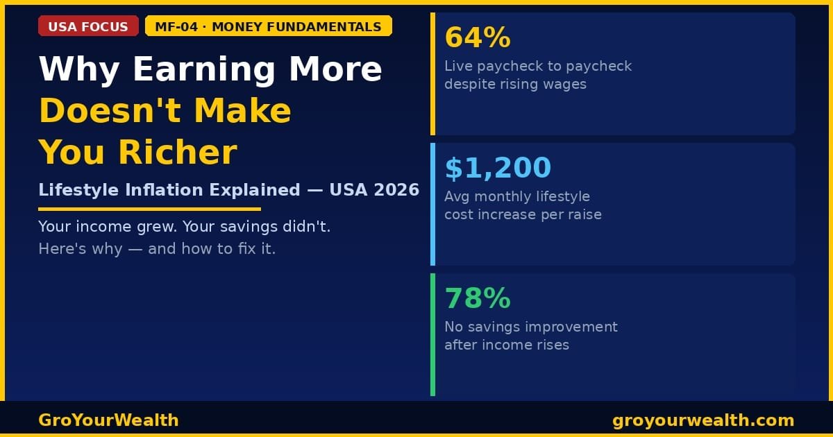 Why Earning More Doesn't Make You Richer — Lifestyle Inflation Explained (USA 2026) (MF-04) 1 Dark navy infographic titled "Why Earning More Doesn't Make You Richer — Lifestyle Inflation Explained" with USA FOCUS and MF-04 Money Fundamentals badges, three gold stat cards showing 64% of Americans live paycheck to paycheck, $1,200 average monthly lifestyle cost increase, and 78% no savings improvement after raises, GroYourWealth branding