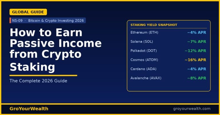 Crypto staking passive income guide 2026 — GroYourWealth NS-09 showing annual staking yields for Ethereum, Solana, Polkadot and Cosmos on dark navy background with gold accents
