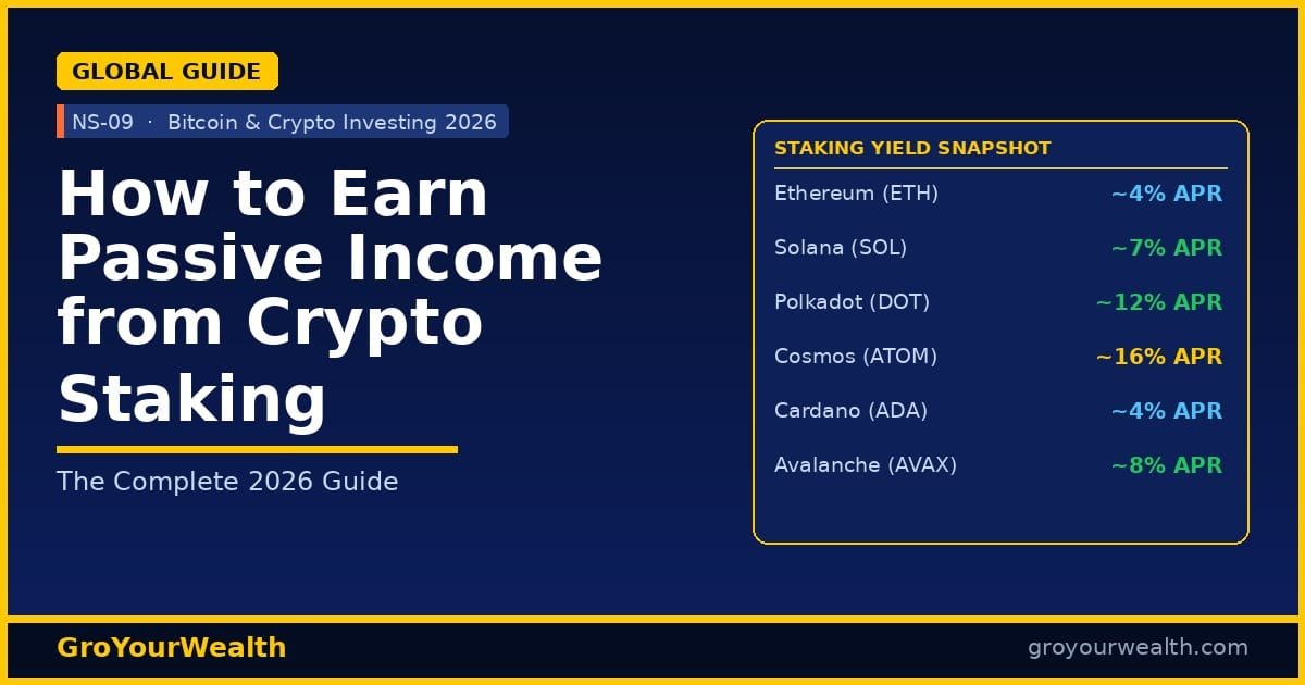 Crypto staking passive income guide 2026 — GroYourWealth NS-09 showing annual staking yields for Ethereum, Solana, Polkadot and Cosmos on dark navy background with gold accents
